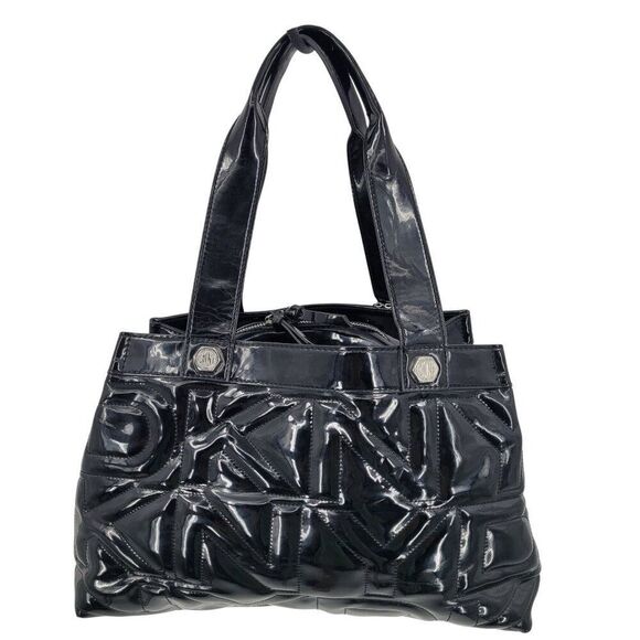 Vtg 90s Y2K Black Patent Leather Logo Quilted Shoulder Tote Bag Purse Trending - Picture 4 of 14